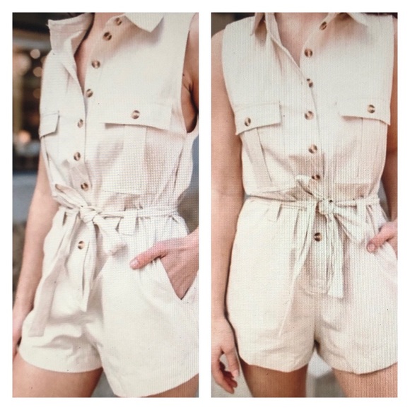 Kittenish Pants - Kittenish Safari style Short Romper 100% cotton sleeveless size XS color beige